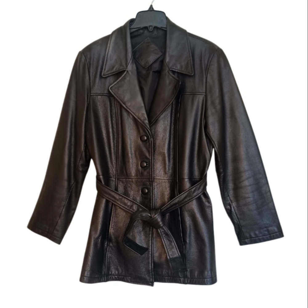 Jacqueline Ferrar Belted Outdoor Leather Jacket Coat Women's Sz Lg Black